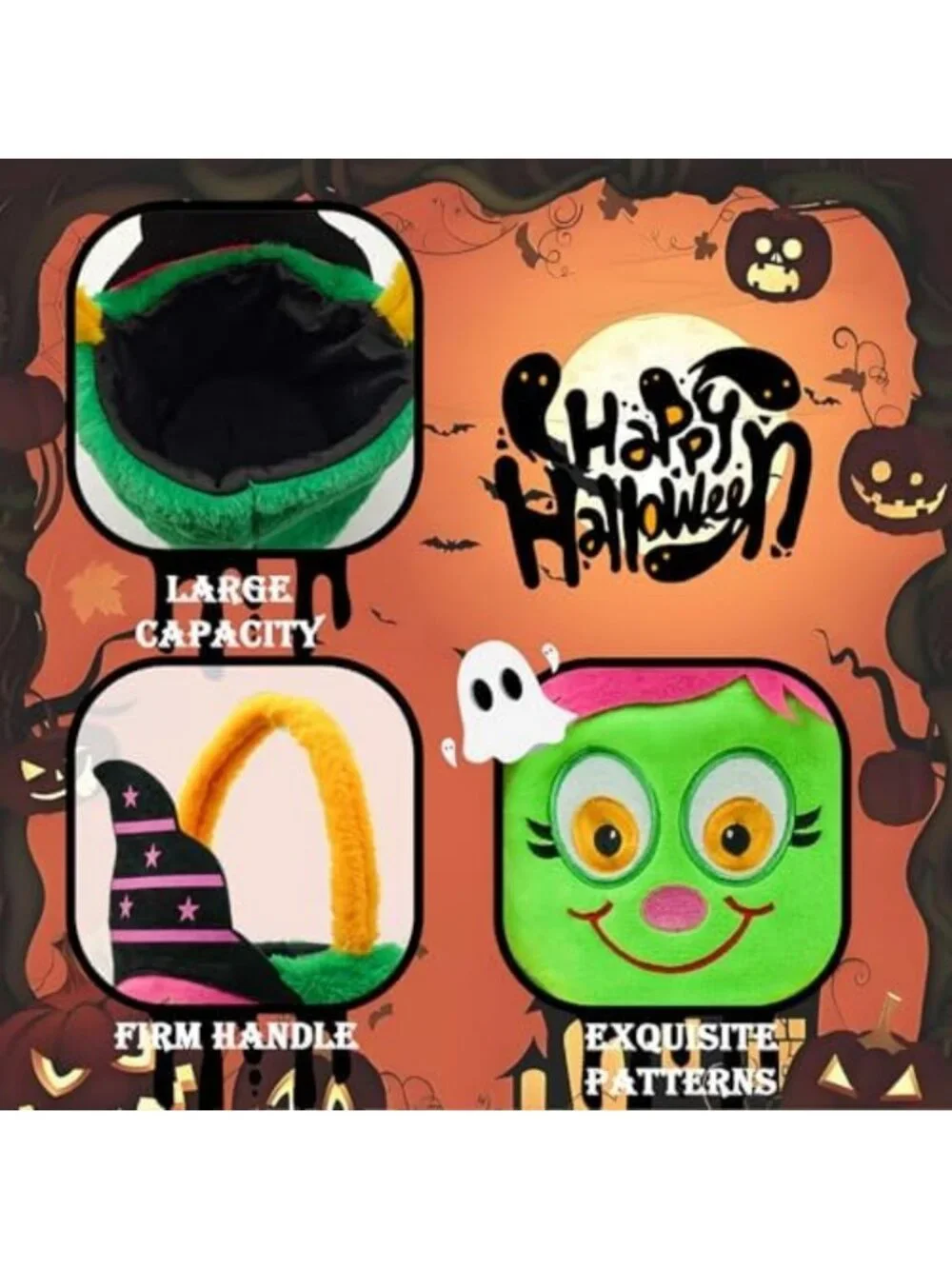 Set of 2 Plush Halloween Trick or Treat Bags - Witch & Black Cat Candy Buckets